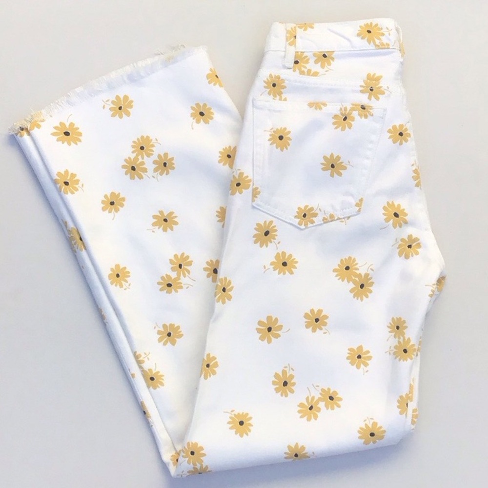 Reformation sunflower floral dazed white raw hem jeans